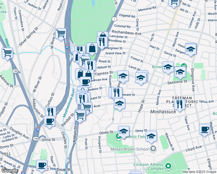 map of restaurants, bars, coffee shops, grocery stores, and more near 43 Knowles Street in Providence
