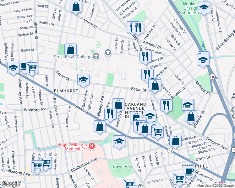 map of restaurants, bars, coffee shops, grocery stores, and more near 108 Eaton Street in Providence
