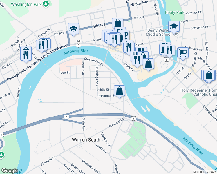 map of restaurants, bars, coffee shops, grocery stores, and more near 213 Oneida Avenue in Warren
