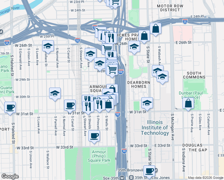 map of restaurants, bars, coffee shops, grocery stores, and more near 2978 South Wentworth Avenue in Chicago