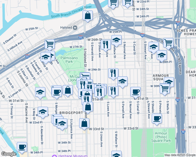 map of restaurants, bars, coffee shops, grocery stores, and more near 2921 South Emerald Avenue in Chicago