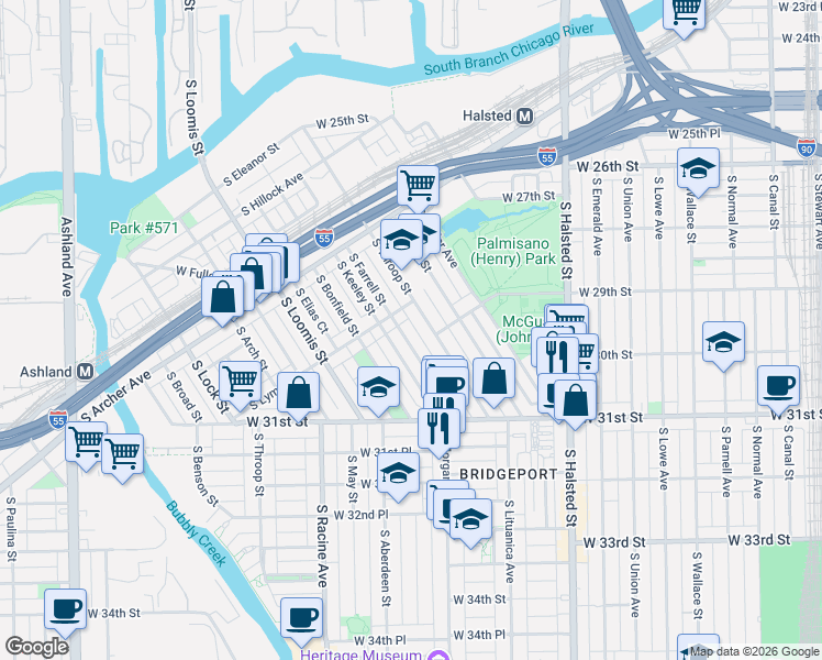 map of restaurants, bars, coffee shops, grocery stores, and more near 2910 South Throop Street in Chicago