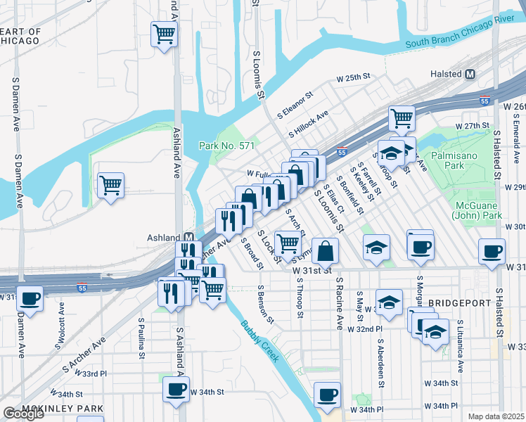 map of restaurants, bars, coffee shops, grocery stores, and more near 2855 South Grady Court in Chicago