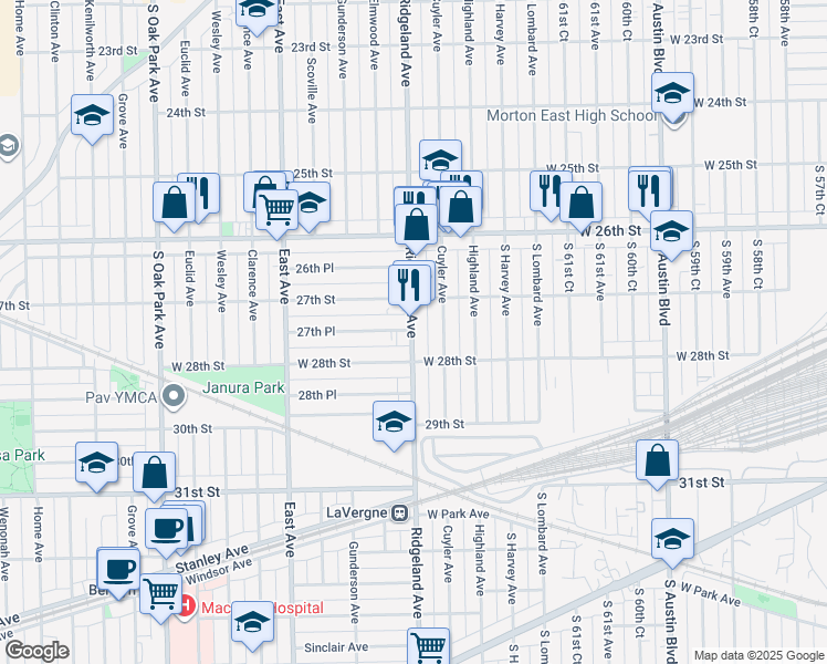 map of restaurants, bars, coffee shops, grocery stores, and more near 2711 Ridgeland Avenue in Berwyn