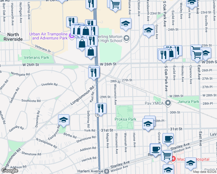 map of restaurants, bars, coffee shops, grocery stores, and more near 7108 28th Street in Berwyn