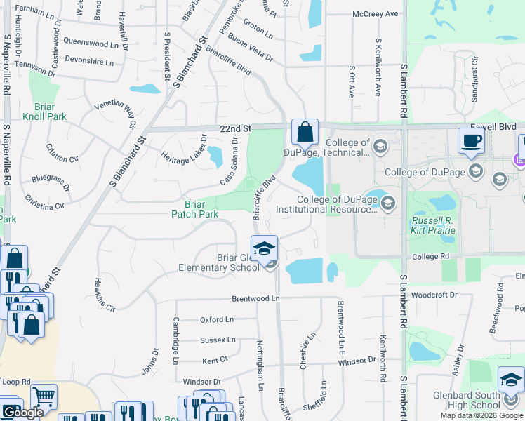 map of restaurants, bars, coffee shops, grocery stores, and more near 1741 Harrow Court in Wheaton