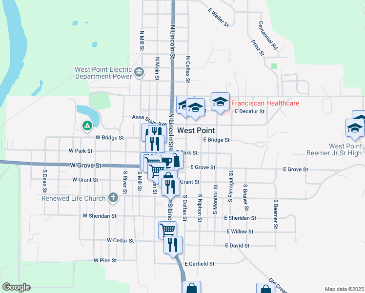 map of restaurants, bars, coffee shops, grocery stores, and more near 120 North Colfax Street in West Point
