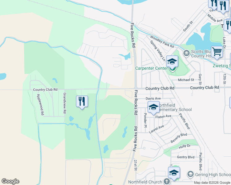 map of restaurants, bars, coffee shops, grocery stores, and more near 2401-2415 Country Club Road in Gering