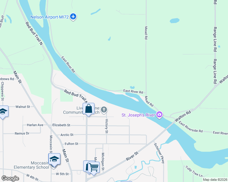 map of restaurants, bars, coffee shops, grocery stores, and more near 15489 East River Road in Buchanan