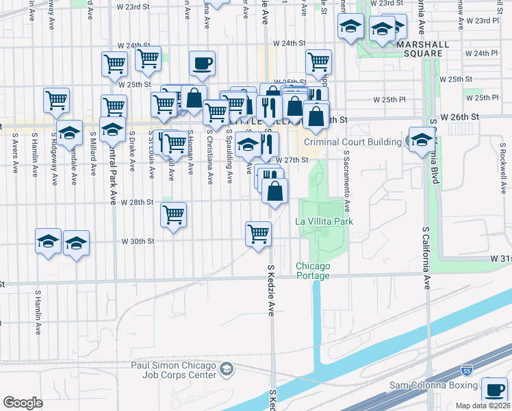 map of restaurants, bars, coffee shops, grocery stores, and more near 3237 West 28th Street in Chicago