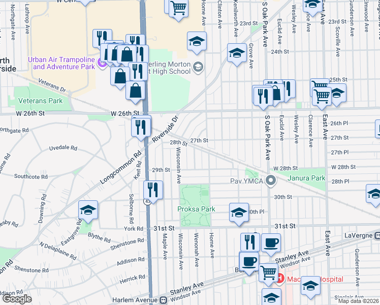 map of restaurants, bars, coffee shops, grocery stores, and more near 2810 Wenonah Avenue in Berwyn