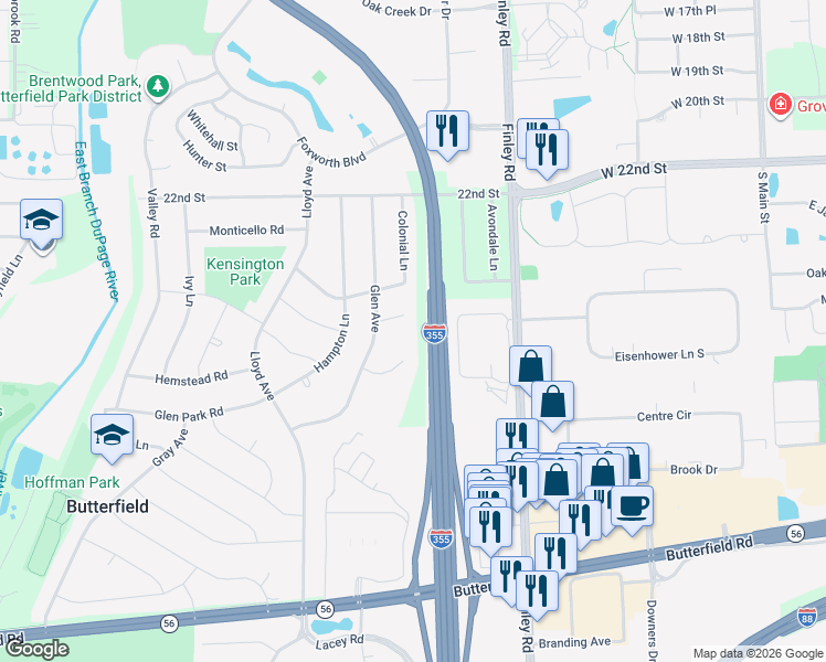 map of restaurants, bars, coffee shops, grocery stores, and more near 560 Glen Place in Lombard