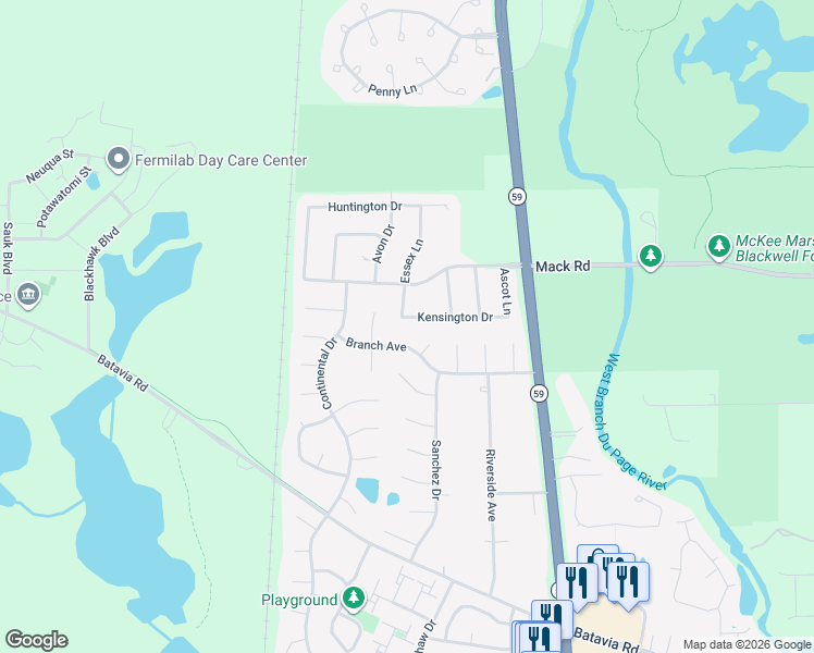 map of restaurants, bars, coffee shops, grocery stores, and more near 25030 Essex Lane in Warrenville