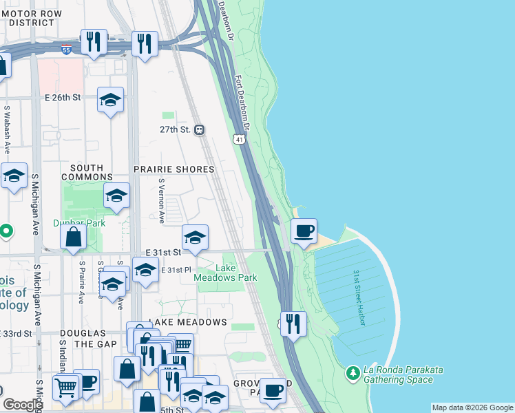 map of restaurants, bars, coffee shops, grocery stores, and more near South Lake Shore Drive in Chicago