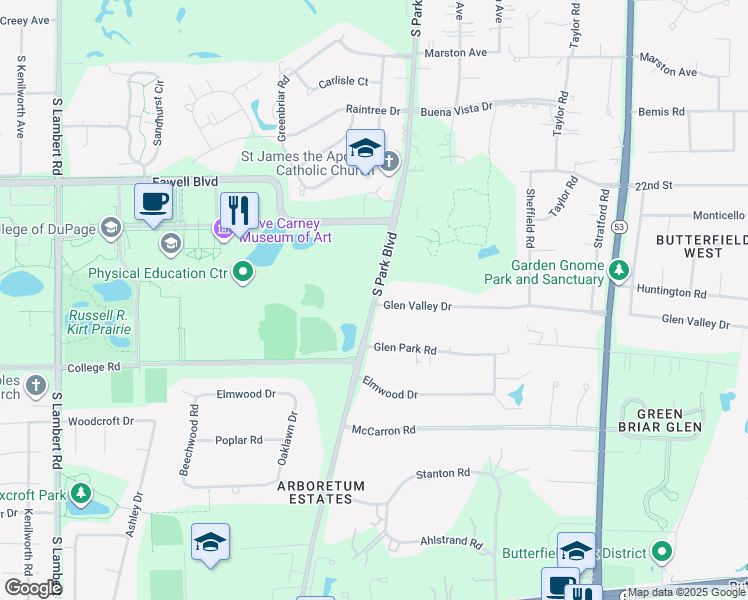 map of restaurants, bars, coffee shops, grocery stores, and more near 698 South Park Boulevard in Glen Ellyn