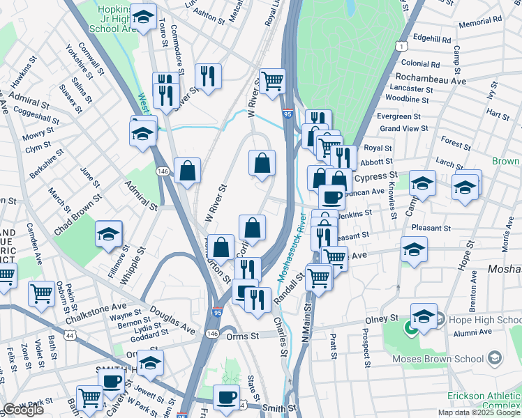 map of restaurants, bars, coffee shops, grocery stores, and more near Corliss Street in Providence