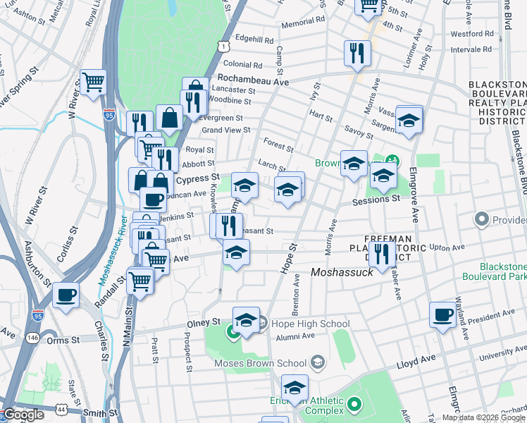 map of restaurants, bars, coffee shops, grocery stores, and more near 76 Locust Street in Providence