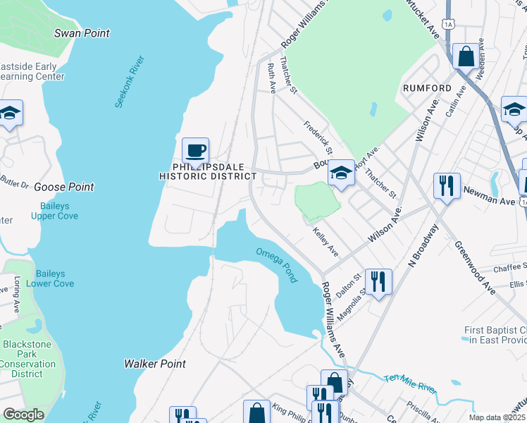 map of restaurants, bars, coffee shops, grocery stores, and more near 27 Riverwoods Court in East Providence