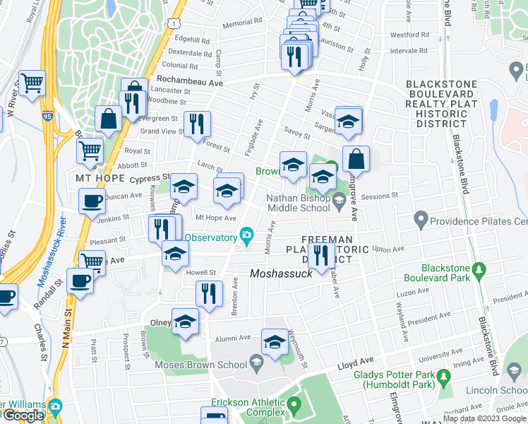 map of restaurants, bars, coffee shops, grocery stores, and more near 255 Cypress Street in Providence