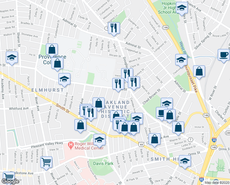 map of restaurants, bars, coffee shops, grocery stores, and more near 151 Pembroke Avenue in Providence