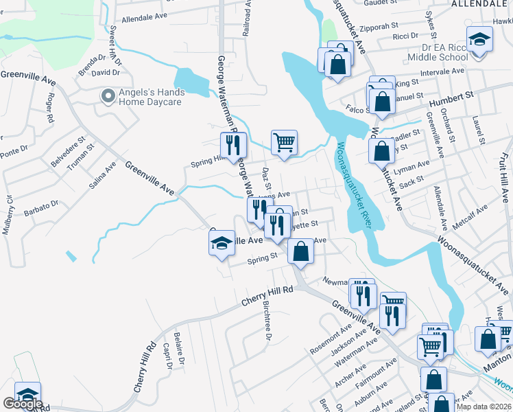 map of restaurants, bars, coffee shops, grocery stores, and more near 7 Irons Avenue in Johnston