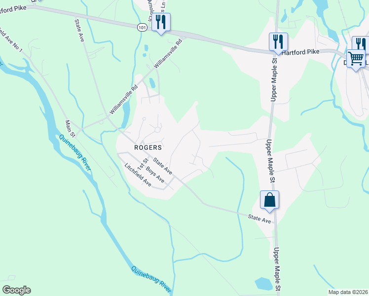 map of restaurants, bars, coffee shops, grocery stores, and more near 304 Jessica Lane in Killingly