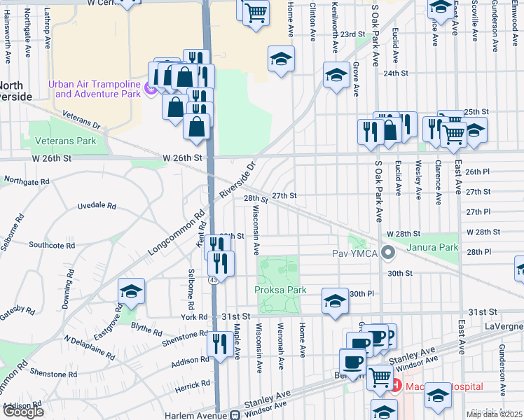 map of restaurants, bars, coffee shops, grocery stores, and more near 2810 Wenonah Avenue in Berwyn