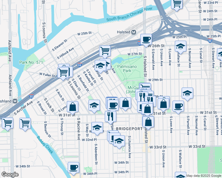 map of restaurants, bars, coffee shops, grocery stores, and more near 956 West 29th Street in Chicago