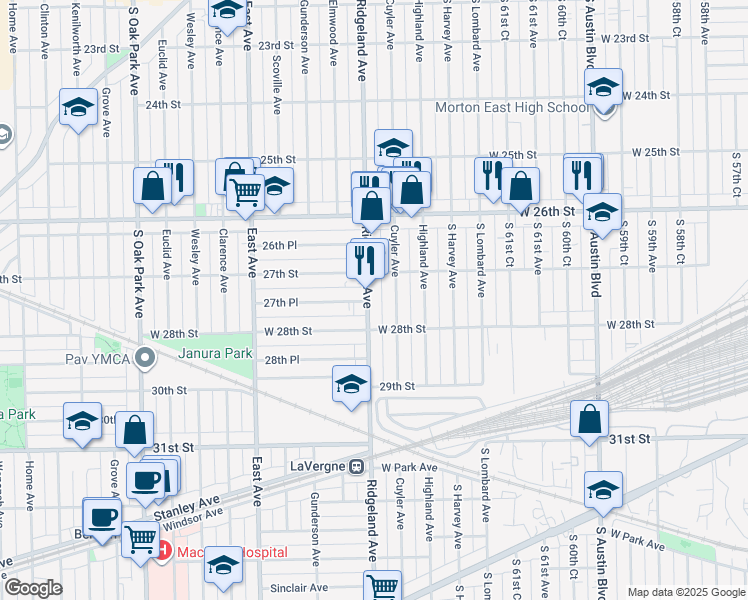 map of restaurants, bars, coffee shops, grocery stores, and more near 2711 Ridgeland Avenue in Berwyn