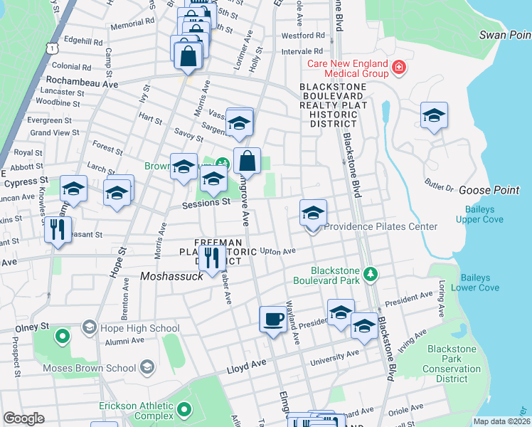 map of restaurants, bars, coffee shops, grocery stores, and more near 575 Wayland Avenue in Providence