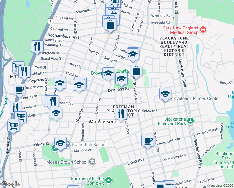 map of restaurants, bars, coffee shops, grocery stores, and more near 43 Sessions Street in Providence