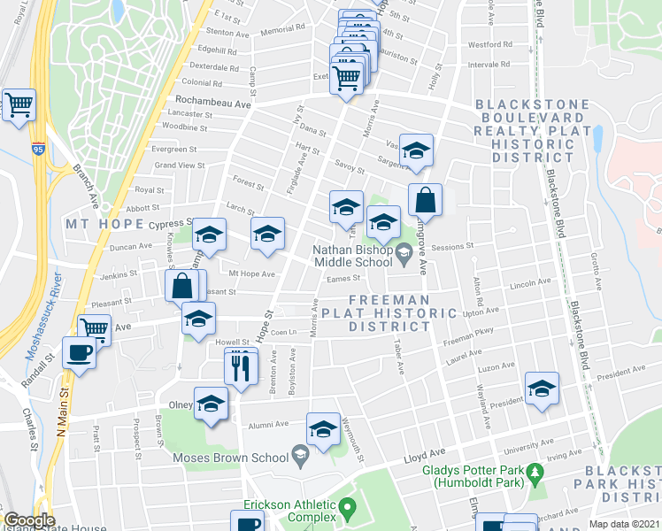 map of restaurants, bars, coffee shops, grocery stores, and more near 3 Sessions Street in Providence