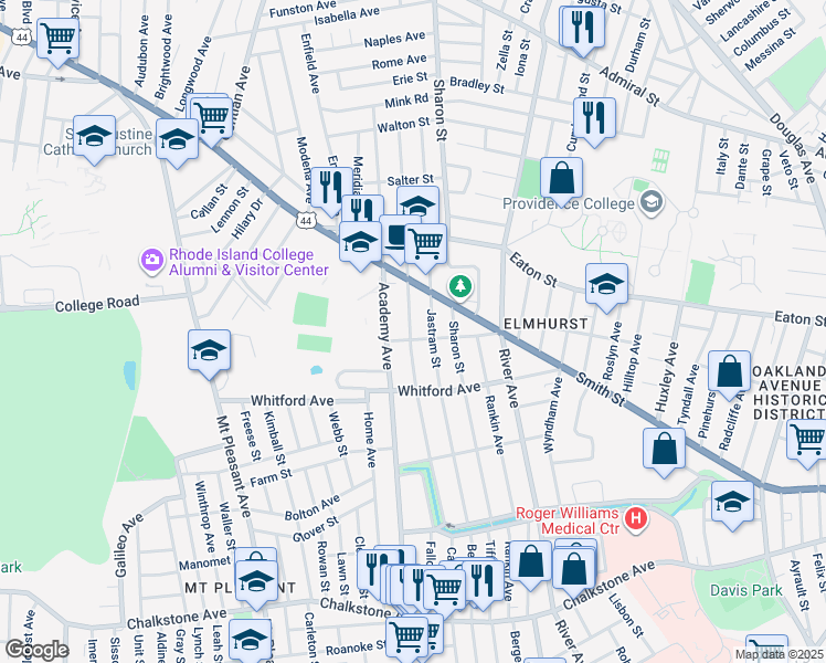 map of restaurants, bars, coffee shops, grocery stores, and more near 204 Jastram Street in Providence
