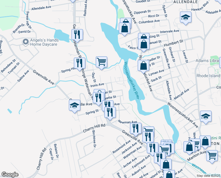 map of restaurants, bars, coffee shops, grocery stores, and more near 89 Endicott Street in Johnston