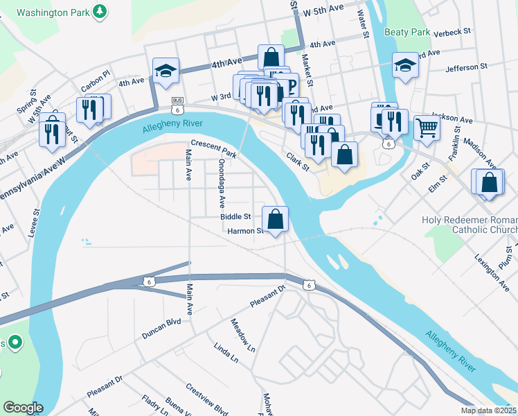 map of restaurants, bars, coffee shops, grocery stores, and more near 213 Oneida Avenue in Warren