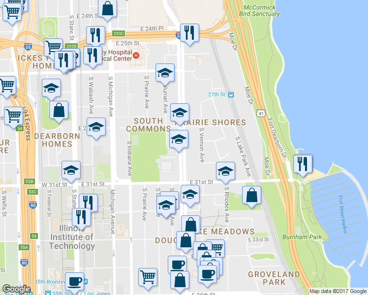 map of restaurants, bars, coffee shops, grocery stores, and more near 2937 South King Drive in Chicago