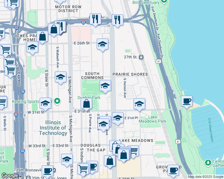 map of restaurants, bars, coffee shops, grocery stores, and more near 2920 South King Drive in Chicago