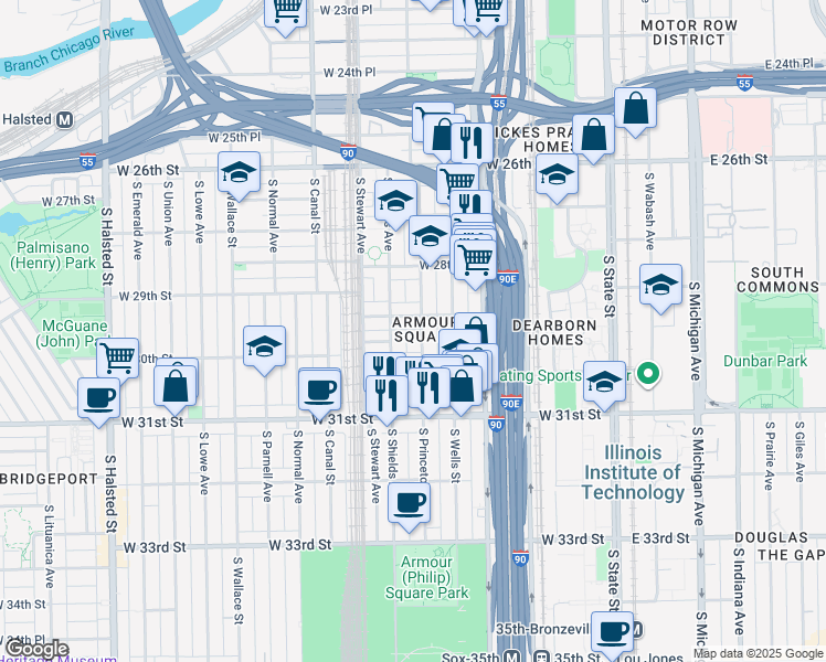 map of restaurants, bars, coffee shops, grocery stores, and more near in Chicago
