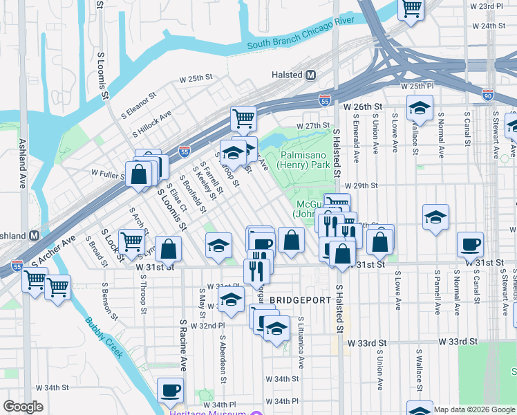map of restaurants, bars, coffee shops, grocery stores, and more near 956 West 29th Street in Chicago