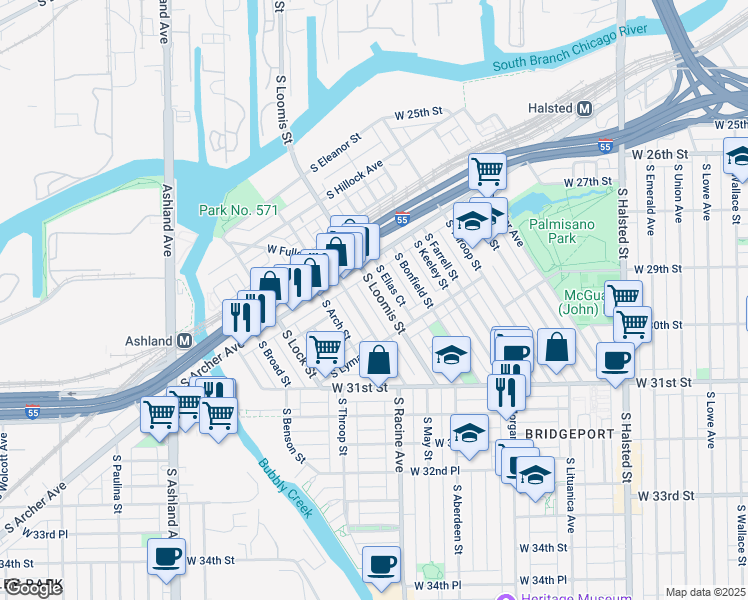 map of restaurants, bars, coffee shops, grocery stores, and more near 2928 South Loomis Street in Chicago