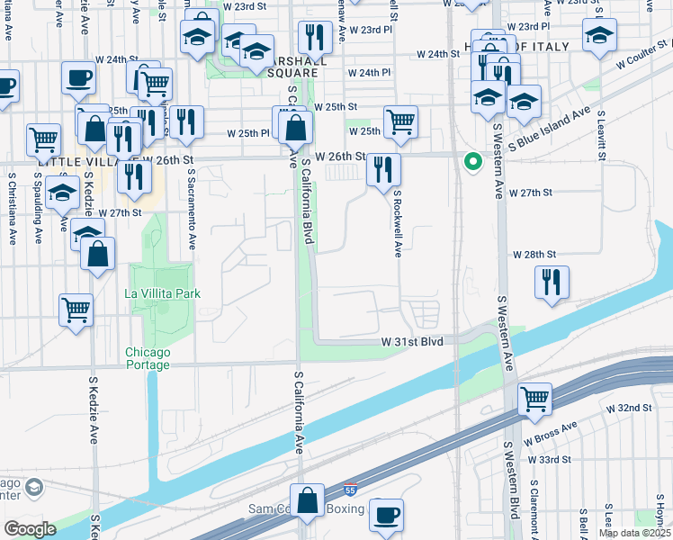 map of restaurants, bars, coffee shops, grocery stores, and more near 2829 S California Ave in Chicago