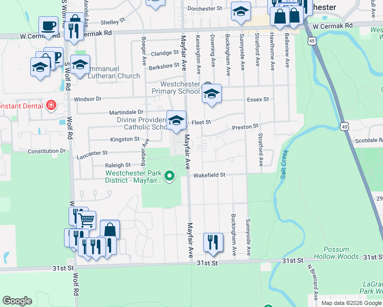 map of restaurants, bars, coffee shops, grocery stores, and more near 2551 Mayfair Avenue in Westchester