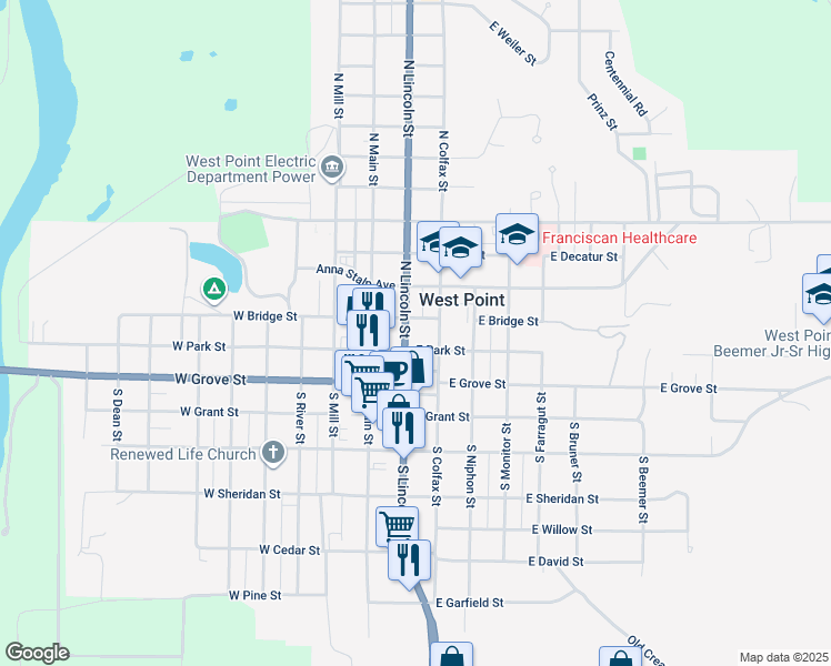 map of restaurants, bars, coffee shops, grocery stores, and more near 139 North Lincoln Street in West Point