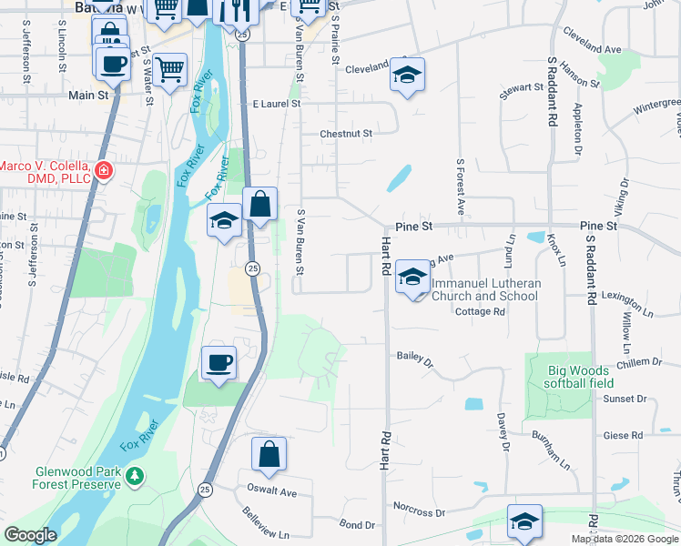 map of restaurants, bars, coffee shops, grocery stores, and more near 812 Spruce Lane in Batavia