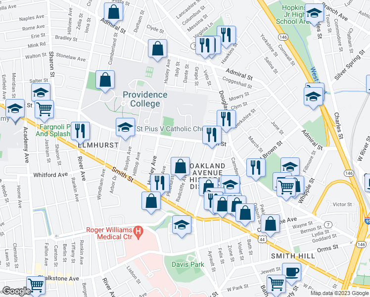 map of restaurants, bars, coffee shops, grocery stores, and more near 129 Pinehurst Avenue in Providence