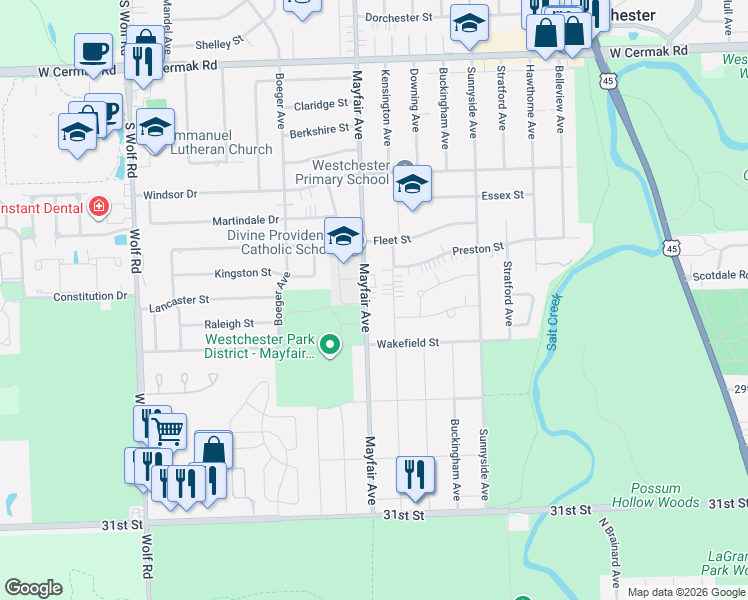 map of restaurants, bars, coffee shops, grocery stores, and more near 2551 Mayfair Avenue in Westchester