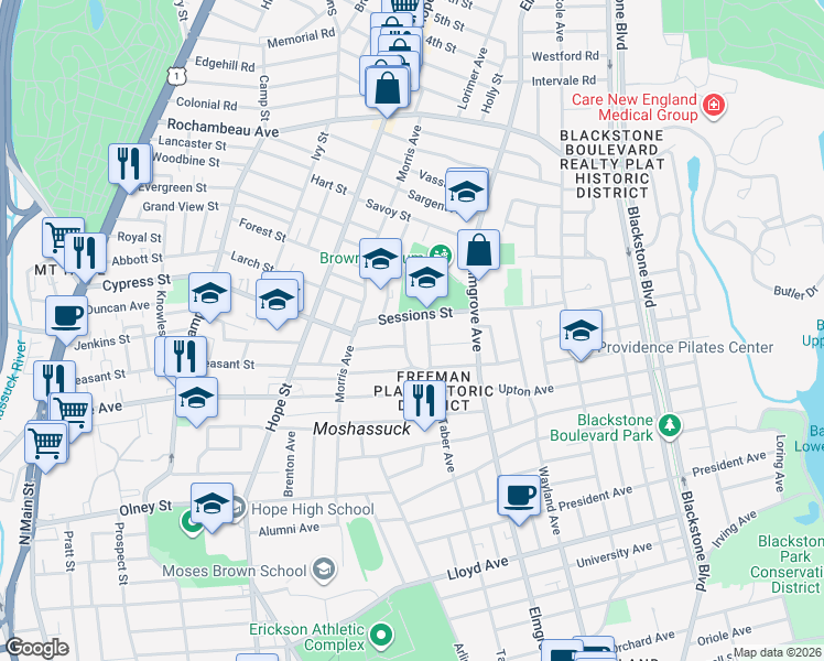 map of restaurants, bars, coffee shops, grocery stores, and more near 43 Sessions Street in Providence