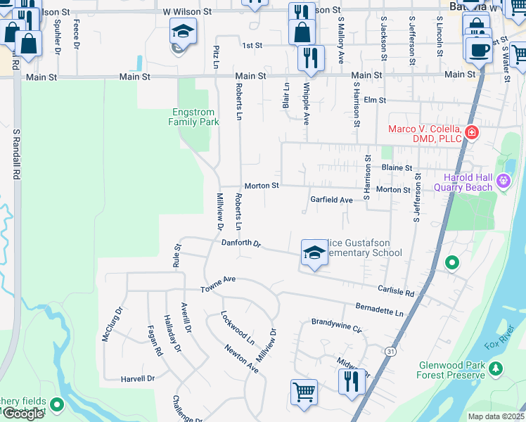 map of restaurants, bars, coffee shops, grocery stores, and more near 1128 Morton Street in Batavia