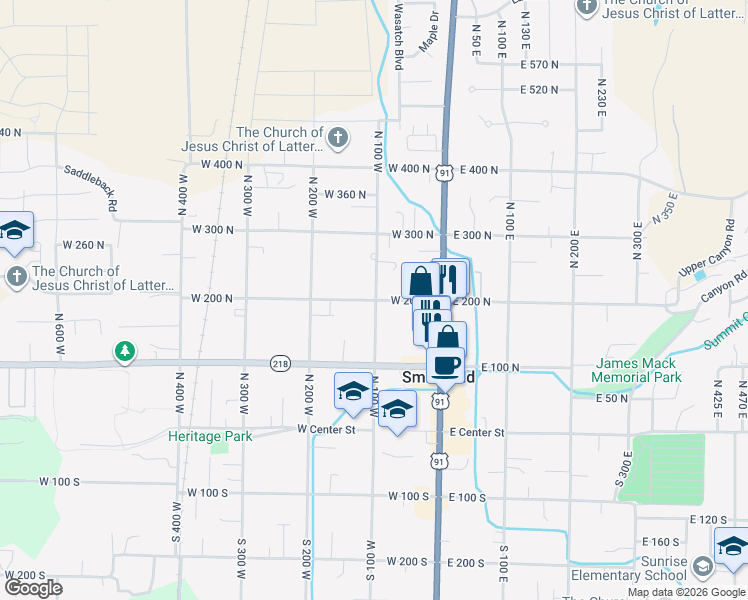 map of restaurants, bars, coffee shops, grocery stores, and more near 105 W 200 N in Smithfield