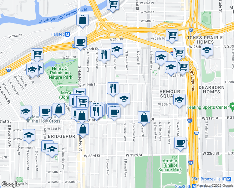 map of restaurants, bars, coffee shops, grocery stores, and more near 2933 South Wallace Street in Chicago